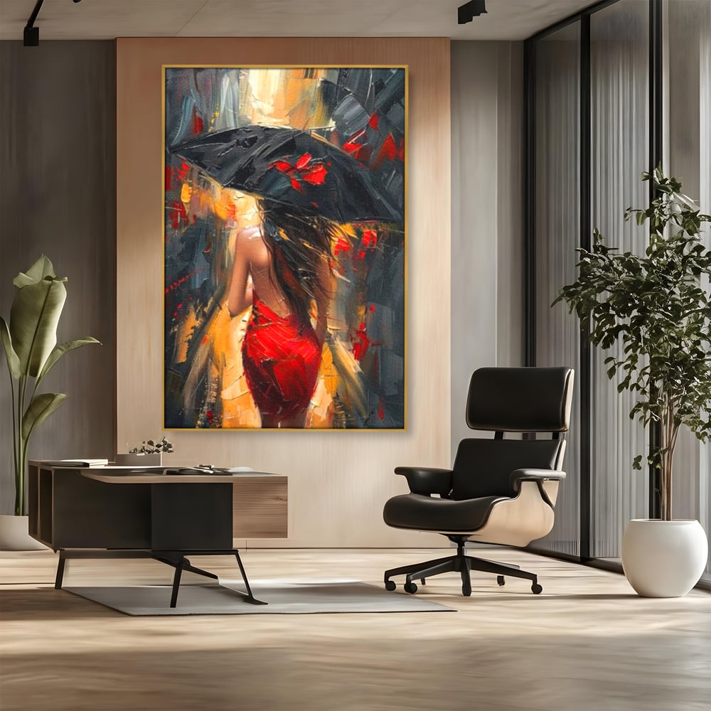 Tablou canvas cu pictura cu femeie si umbrela rosie, in rama de aluminiu auriu, pe perete intr-un birou
